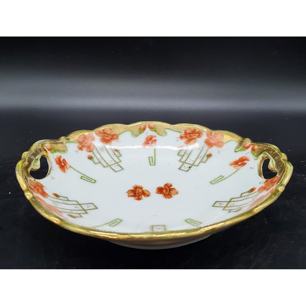 Antique Hand Painted Nagoya SNB Nippon Beaded Gold Red Flower Candy Nut Dish